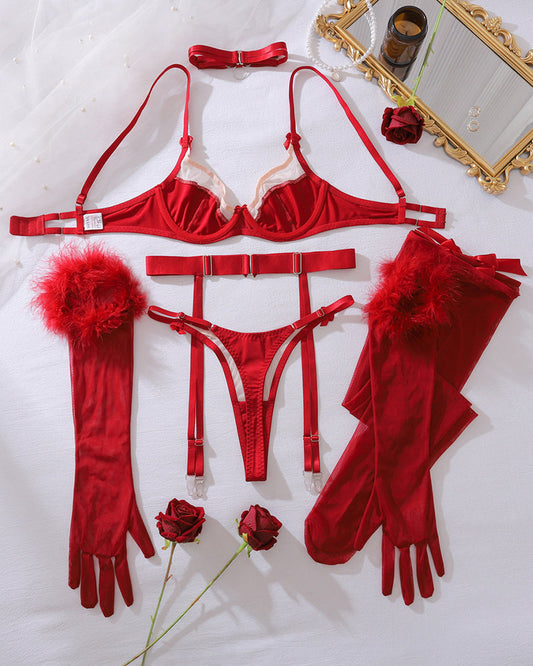 Bow Bra and Panty Set+Gloves+Stockings
