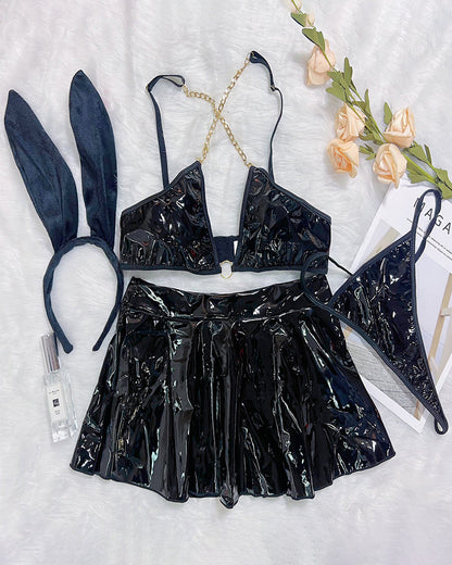 PU Leather Chain Bra Skirt Set+Headband