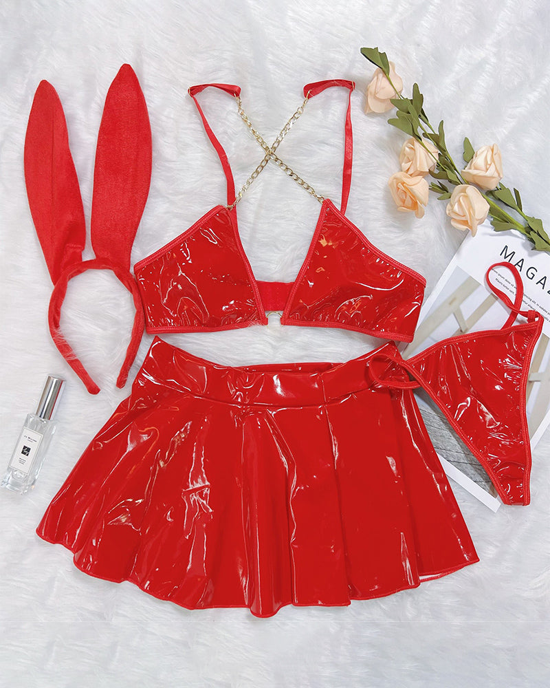 PU Leather Chain Bra Skirt Set+Headband