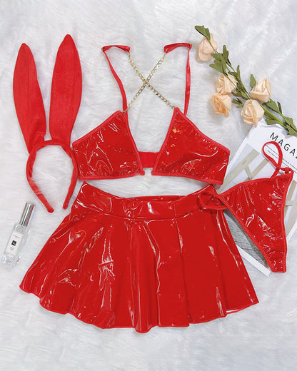 PU Leather Chain Bra Skirt Set+Headband