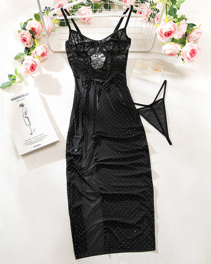 Rhinestones Mesh Side Slit Maxi Dress