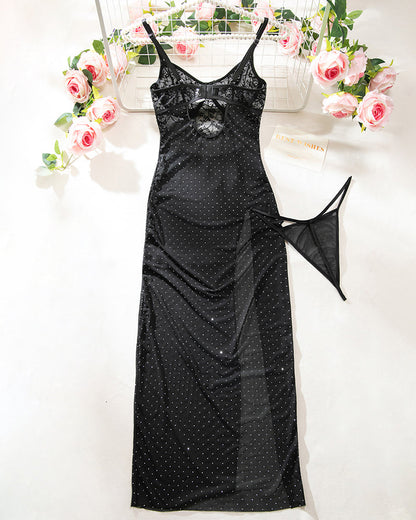 Rhinestones Mesh Side Slit Maxi Dress